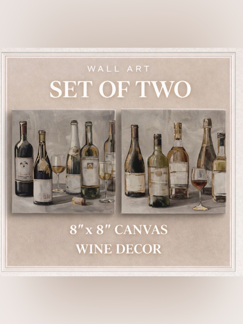 Wine Bottle / Glasses Canvas Set of Two 8x8 Kitchen Bar Wall Art Decor